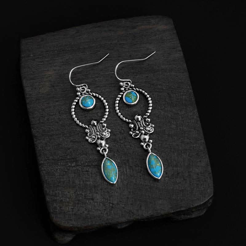 KarmaRipple's 925 Sterling Silver Vintage Turquoise Waterdrop Pattern Balance Drop Dangle Earrings p1