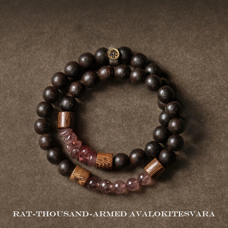 KarmaRipple's 925 Sterling Silver Chinese Zodiac Natal Buddha Agarwood Strawberry Quartz Peace Double Wrap Bracelet p1