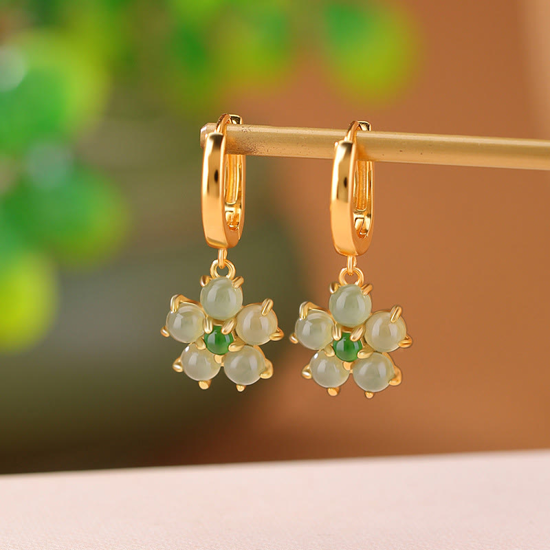KarmaRipple's 925 Sterling Silver Plated Gold Green Jade Flower Design Fortune Prosperity Earrings p1