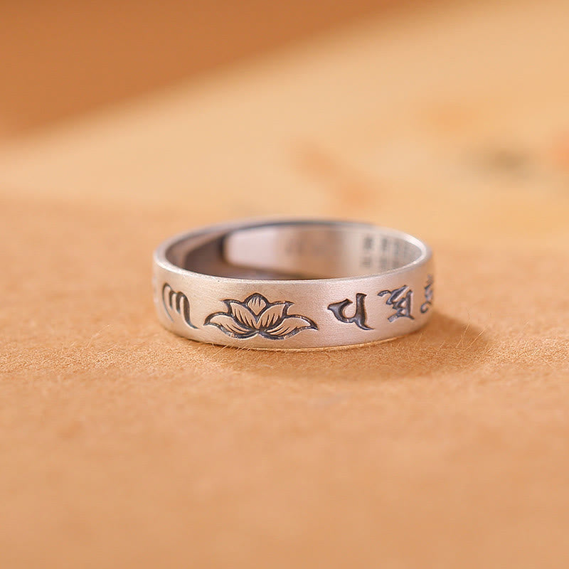 KarmaRipple's 999 Sterling Silver Lotus Six True Words 'om Mani Padme Hum' Adjustable Enlightenment Ring p1