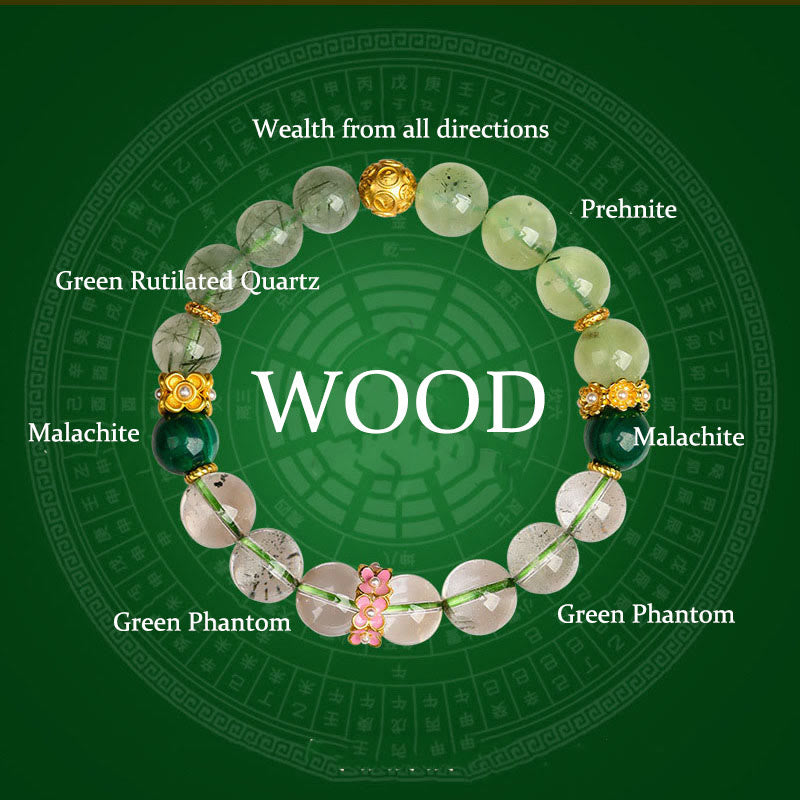 KarmaRipple's Five Elements Various Agate Gemstone Green Phantom Rutilated Quartz Green Grape Agate Malachite Fortune Bracelet p1