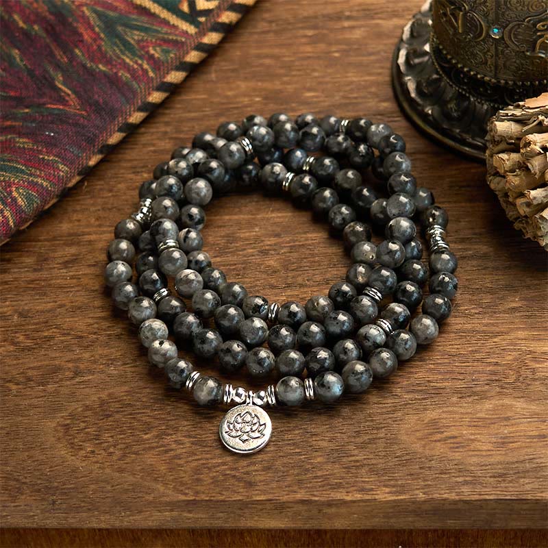 KarmaRipple's 108 Mala Beadwork Multi-layer Authentic Black Glitter Stone Lotus Positivity Bracelet p1