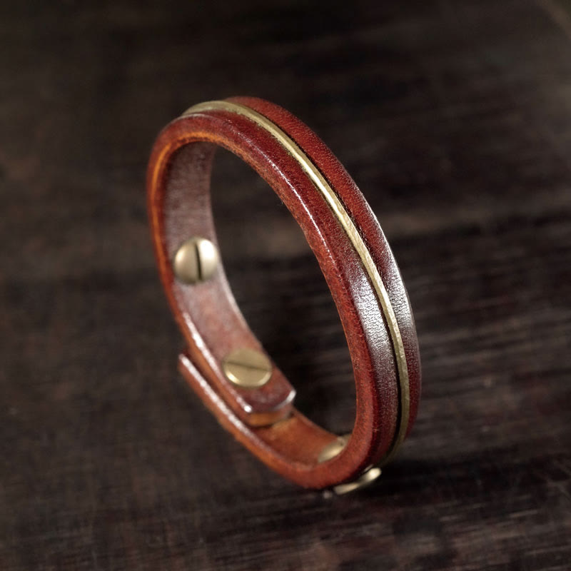 KarmaRipple's Vintage Leather Bronze Brass Wire Balancing Bangle Bracelet p1