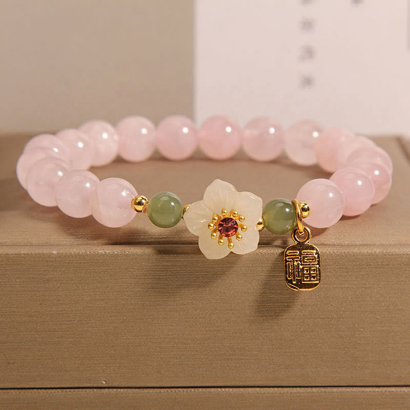 KarmaRipple's Rose Quartz Peach Blossom Hetian Jade Fu Character Relationships Balancing Bracelet p1