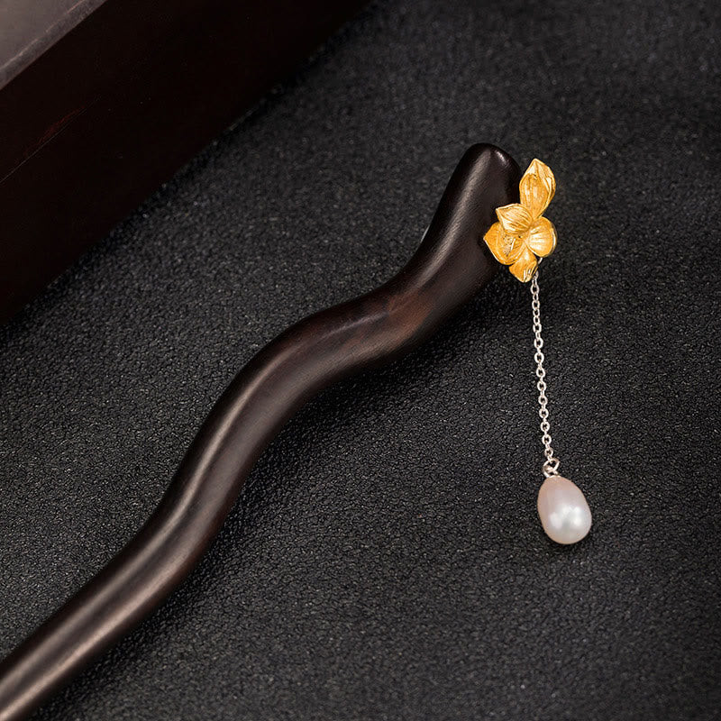 KarmaRipple's 925 Sterling Silver Classical Chinese Style Ebony Lotus Flower Pearl Tassel Blessing Hairpin p1
