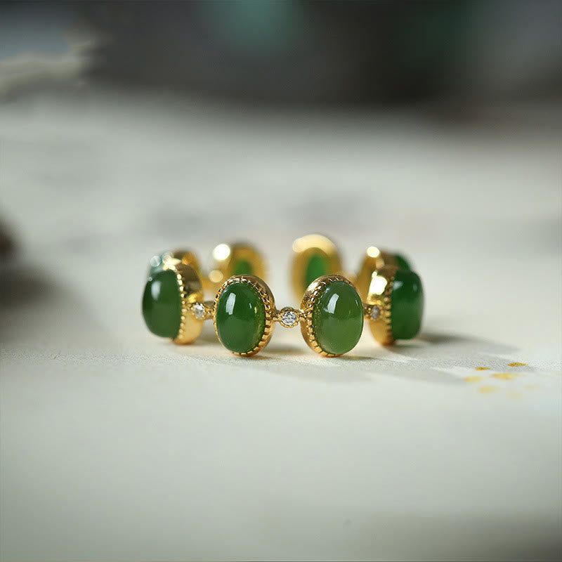 KarmaRipple's 925 Sterling Silver Hetian Cyan Jade Beadwork Balancing Adjustable Ring p1