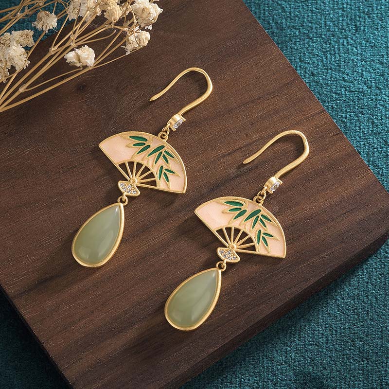 KarmaRipple's Authentic Green Aventurine Fan Pattern Fortune Drop Earrings p1