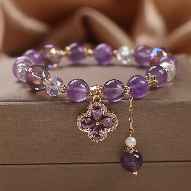 KarmaRipple's Authentic Amethyst Gemstone Four Leaf Clover Spiritual Balancing Bracelet p1
