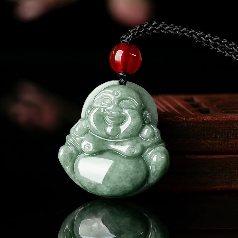 KarmaRipple's Authentic Green Jade Laughing Buddha Fortune Abundance Pendant Necklace p1