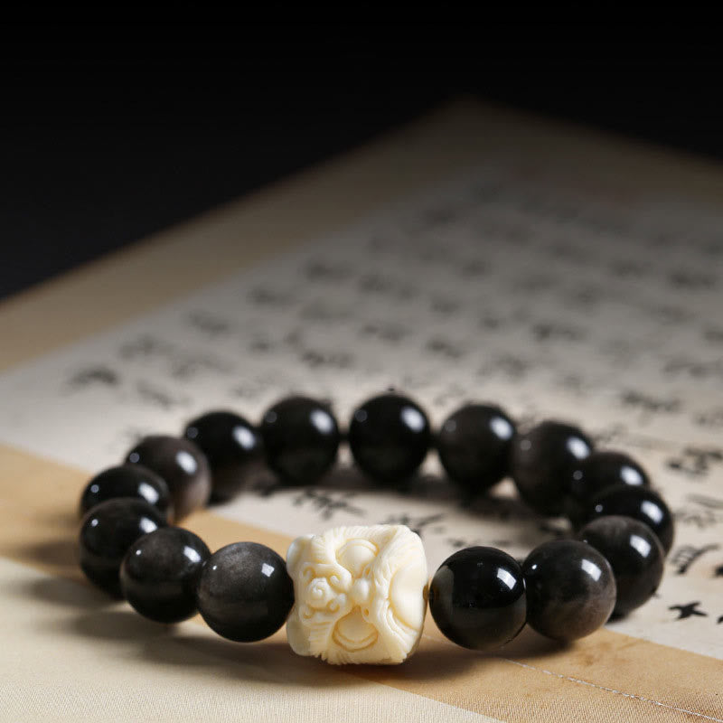 KarmaRipple's Silver Sheen Obsidian Bodhi Seed Ivory Fruit Dancing Lion Protection Bracelet p1