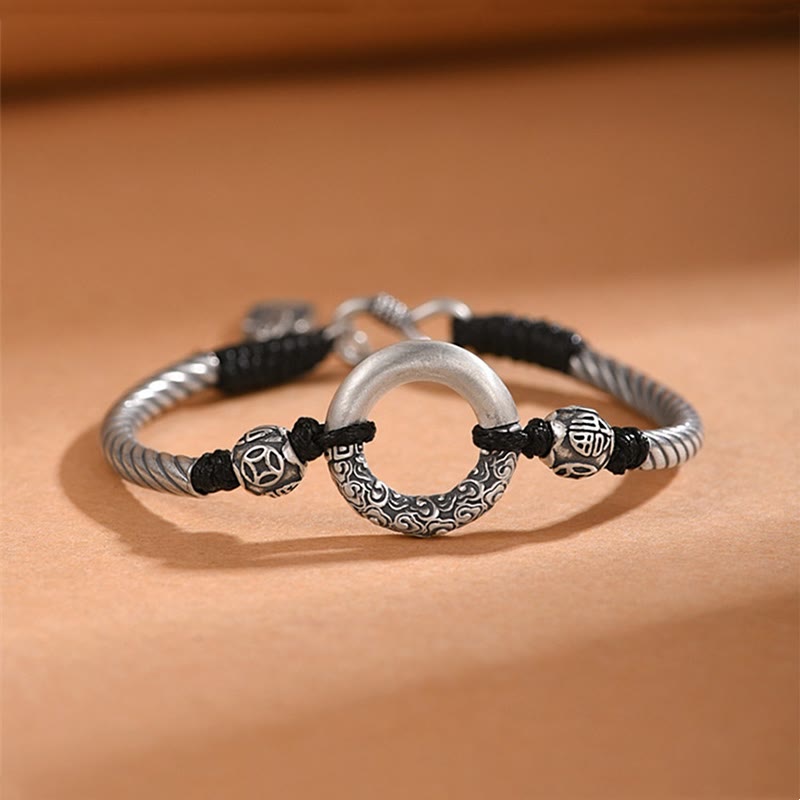 KarmaRipple's 999 Sterling Silver Fu Character Peace Buckle Bronze Coin Auspicious Clouds Fortune Bracelet p1