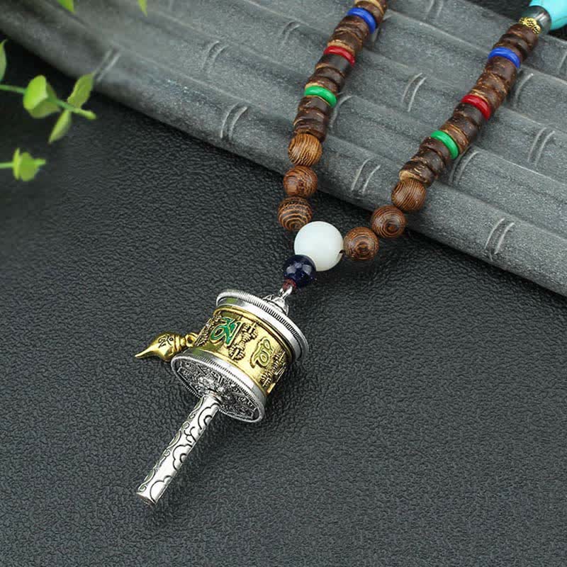 KarmaRipple's Tibetan Om Mani Padme Hum Prayer Wheel Rotation Vajra Wood Pendant Necklace p1
