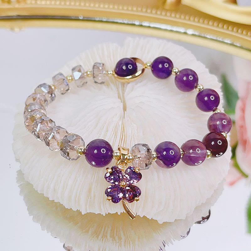 KarmaRipple's Amethyst Gemstone Four Leaf Clover Balancing Talisman Bracelet p1