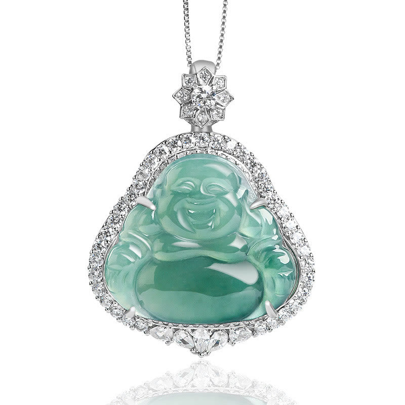 KarmaRipple's 925 Sterling Silver Laughing Buddha Authentic Jade Fortune Abundance Chain Pendant Necklace p1