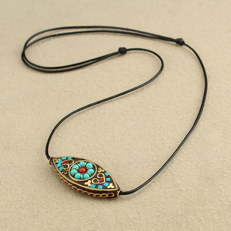 KarmaRipple's Tibet Turquoise Bead Marquise Pattern Protection Strength Pendant Necklace p1