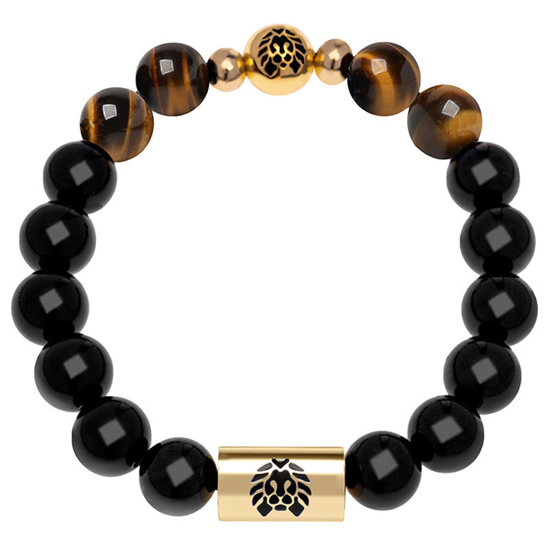 KarmaRipple's Black Onyx Tiger Eye Bead Lion Engraved Protection Bracelet p1