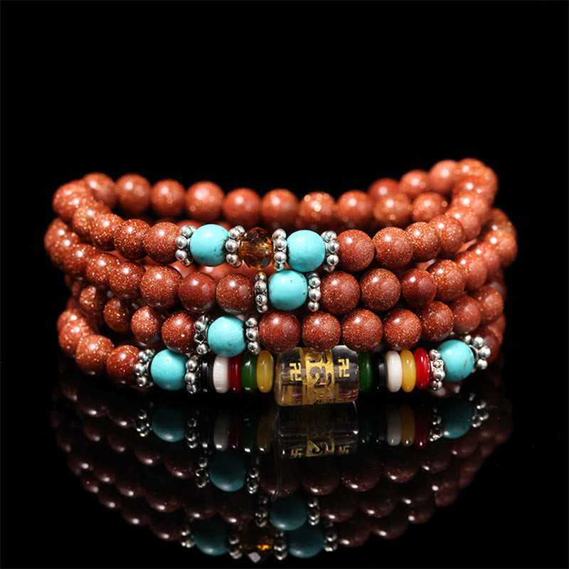 KarmaRipple's 108 Mala Beadwork Goldstone Om Mani Padme Hum Swastika Confidence Bracelet p1