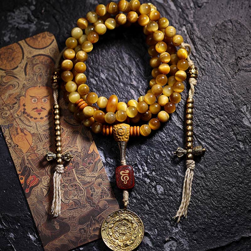 KarmaRipple's 108 Mala Beadwork Authentic Tiger Eye Bronze Dorje Protection Tassel Bracelet p37