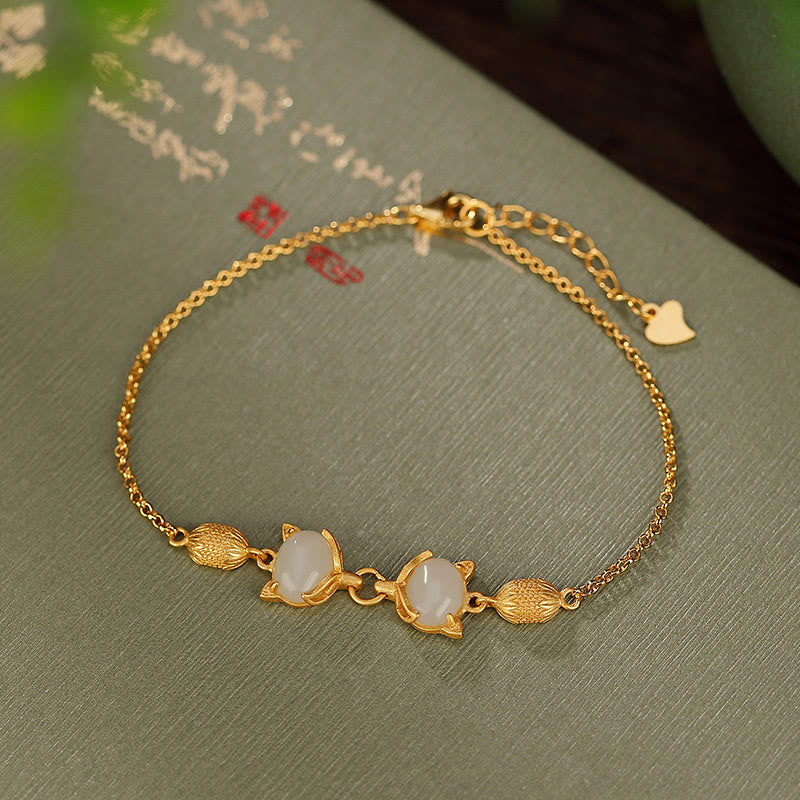 KarmaRipple's 925 Sterling Silver Authentic Hetian Ivory Jade Cyan Jade Lovely Fox Fortune Bracelet p2