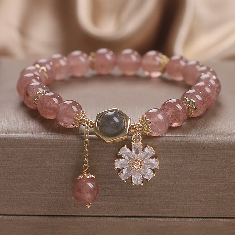 KarmaRipple's Authentic Strawberry Quartz Gemstone Daisy Flower Talisman Positive Balancing Bracelet p1
