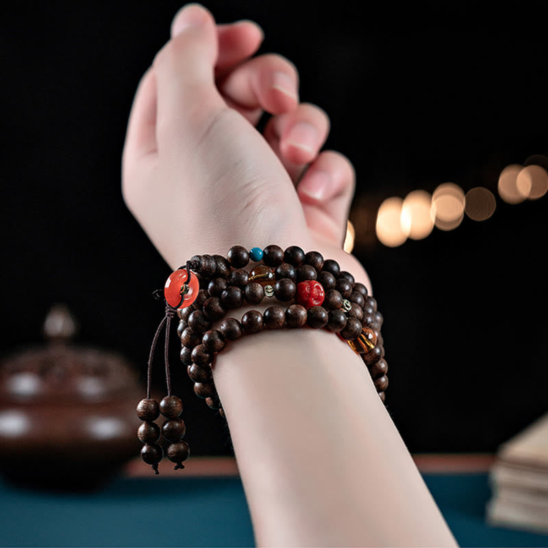 KarmaRipple's 108 Mala Beadwork Kalimantan Agarwood Laughing Buddha Peace Buckle Red Agate Jade Strength Bracelet p8