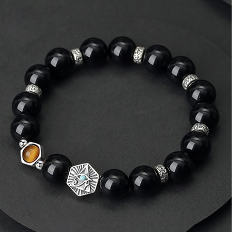 KarmaRipple's 925 Sterling Silver Black Obsidian Tiger Eye Eye of Providence Purification Bracelet p6
