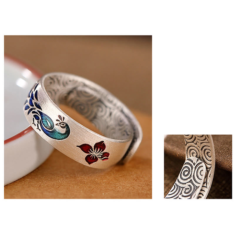 KarmaRipple's 999 Sterling Silver Peacock Auspicious Clouds Engraved Lotus Flower Fortune Ring p7