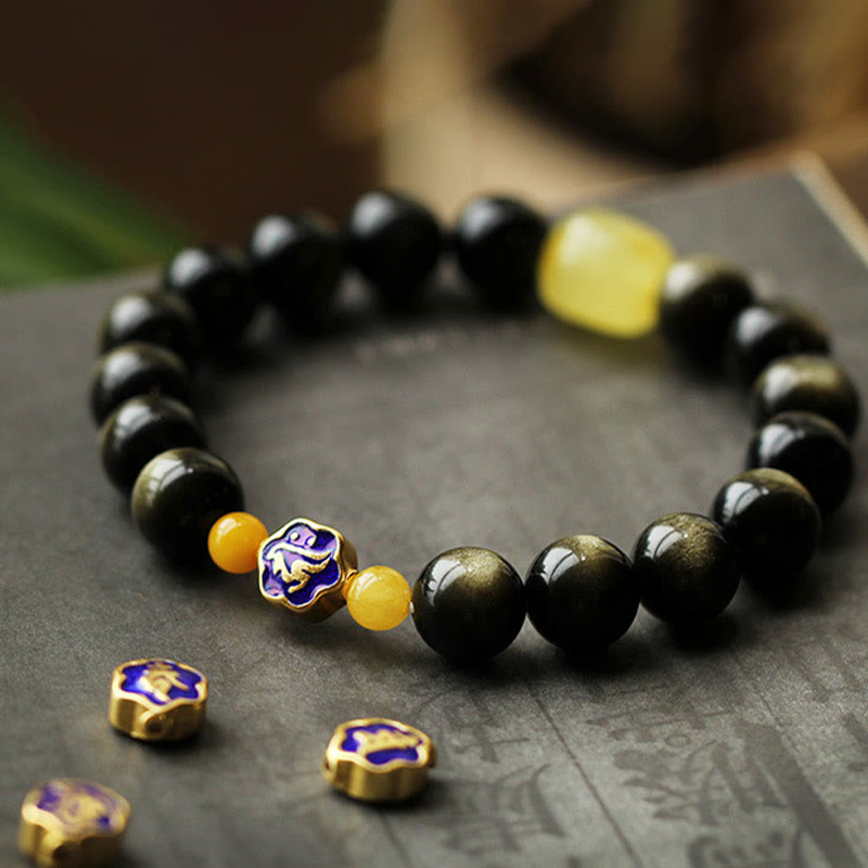 KarmaRipple's 925 Sterling Silver Chinese Zodiac Natal Buddha Authentic Gold Sheen Obsidian Amber Wealth Protection Bracelet p9