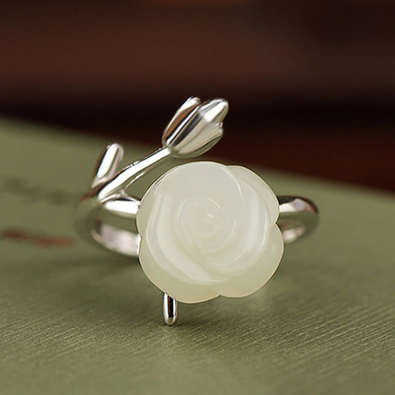 KarmaRipple's 925 Sterling Silver Plated Gold Rose Flower Hetian Ivory Jade Happiness Ring p9