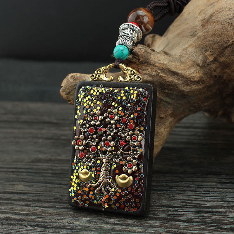 KarmaRipple's Tibet God Of Wealth Money Tree Golden Phoenix Thangka Ebony Peace Pendant Necklace p11