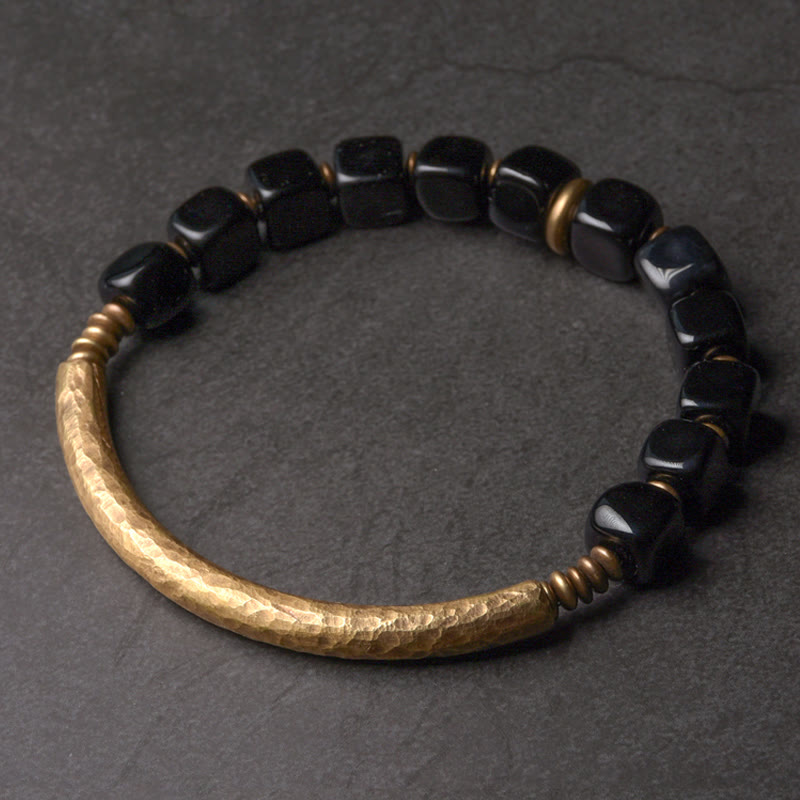 KarmaRipple's Black Obsidian Gemstone Bronze Strength Pair Bracelet p16