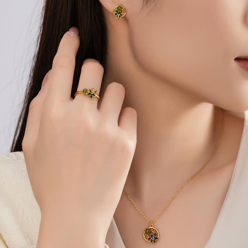 KarmaRipple's 925 Sterling Silver Authentic Hetian Cyan Jade Flower Fortune Pendant Necklace Ring Earrings Set p5