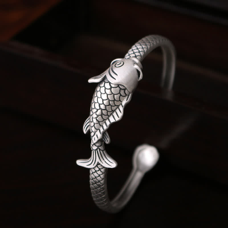 KarmaRipple's 990 Sterling Silver Koi Fish Lotus Fortune Wealth Bracelet Bangle p12