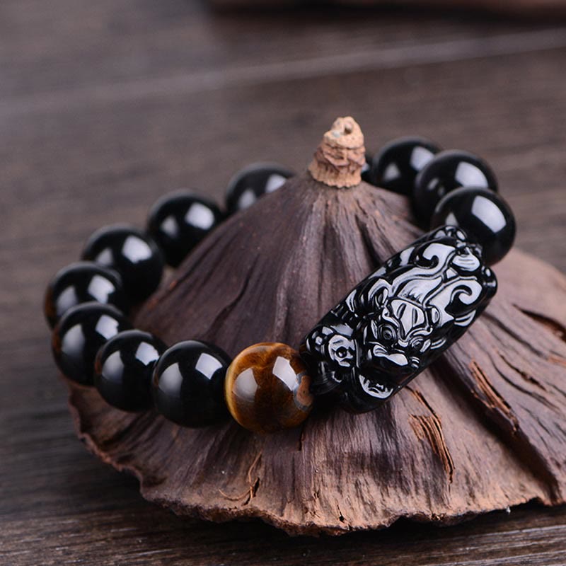 KarmaRipple's Authentic Black Obsidian PiXiu Tiger's Eye Strength Bracelet p1