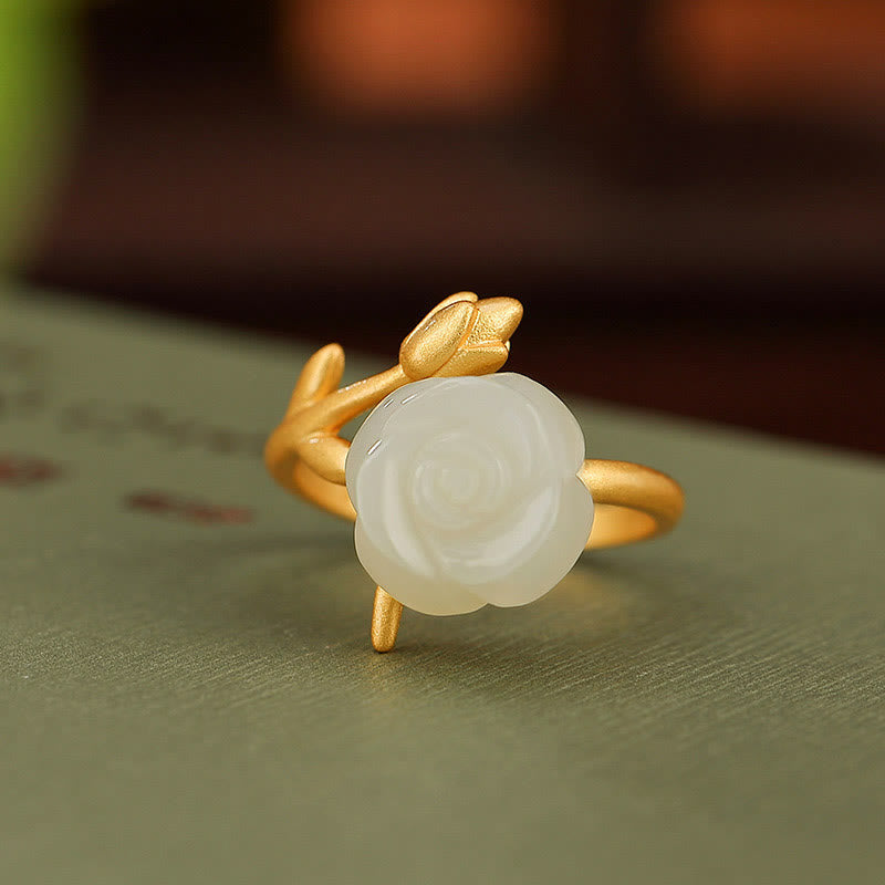 KarmaRipple's 925 Sterling Silver Plated Gold Rose Flower Hetian Ivory Jade Happiness Ring p4