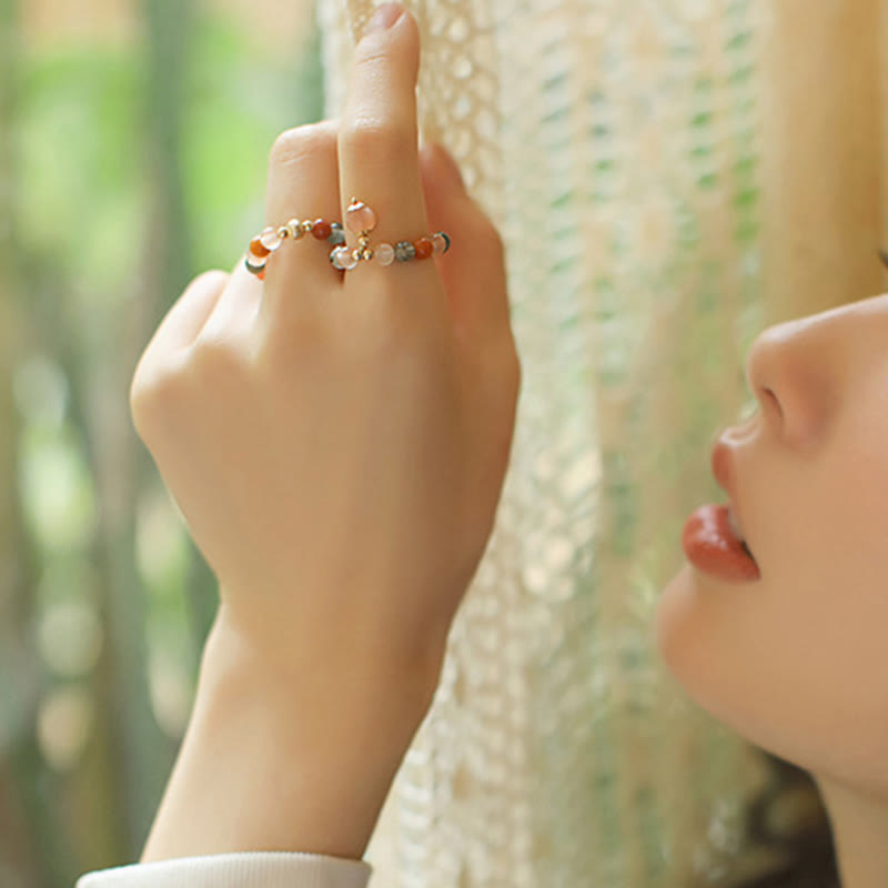 KarmaRipple's 14k Gold Plated Bronze Fu Lu Shou Gemstone Peach Moonstone Happiness Wealth Ring p14