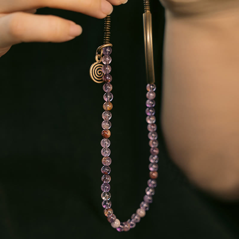 KarmaRipple's Purple Phantom Red Hematoid Quartz Green Rutilated Quartz Bronze Love Forgive Bracelet p8