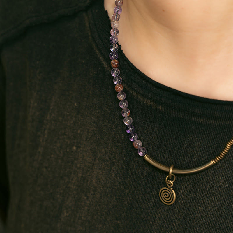 KarmaRipple's Purple Phantom Red Hematoid Quartz Green Rutilated Quartz Bronze Love Forgive Bracelet p14