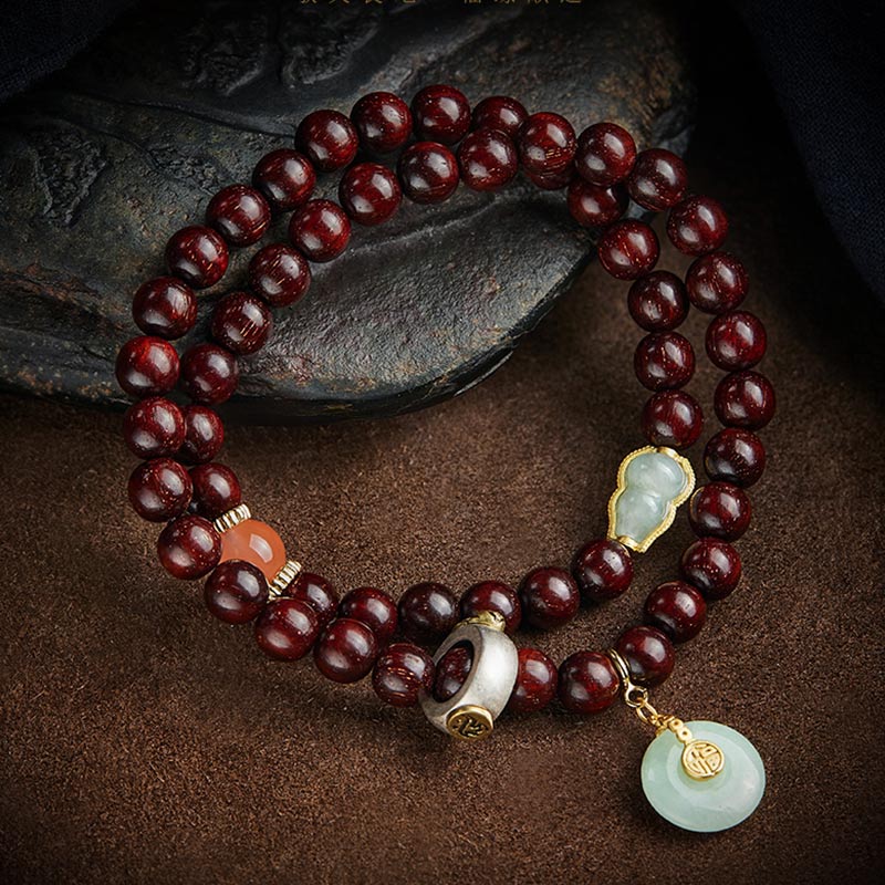 KarmaRipple's Chinese Zodiac Natal Buddha Small Leaf Red Sandalwood Jade Red Agate PiXiu Sooth Bracelet p25