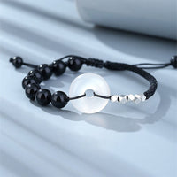 KarmaRipple's 925 Sterling Silver Black Obsidian Agate Peace Buckle Strength Bracelet