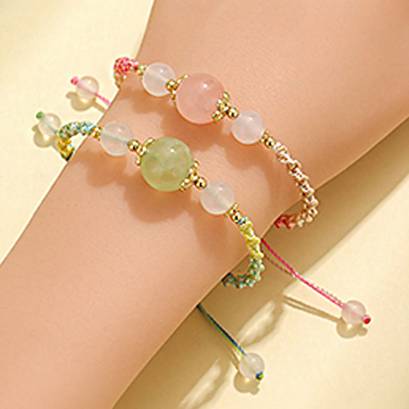 KarmaRipple's Strawberry Quartz Pink Gemstone Prehnite Ivory Agate Bead Balancing Rope Bracelet p14