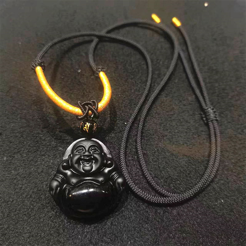 KarmaRipple's Authentic Black Obsidian Ice Obsidian Laughing Buddha Purification Pendant Necklace p29