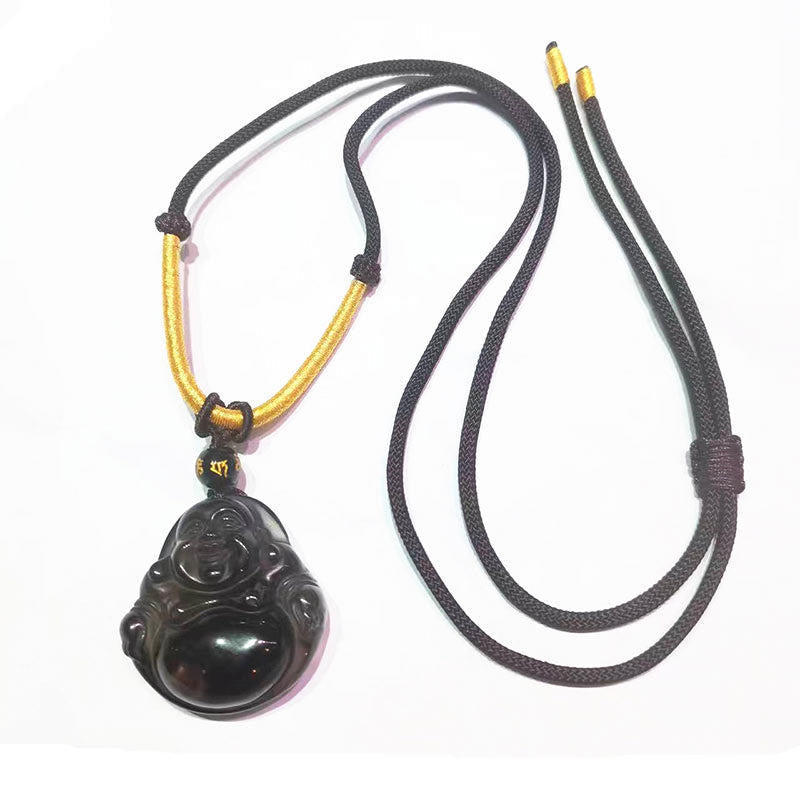 KarmaRipple's Authentic Black Obsidian Ice Obsidian Laughing Buddha Purification Pendant Necklace p25