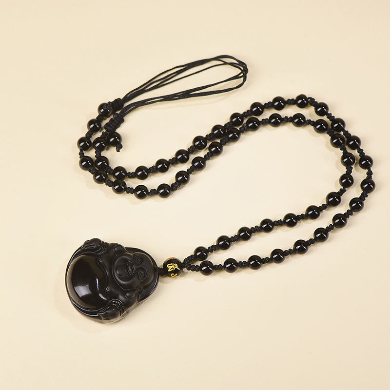 KarmaRipple's Authentic Black Obsidian Ice Obsidian Laughing Buddha Purification Pendant Necklace p7