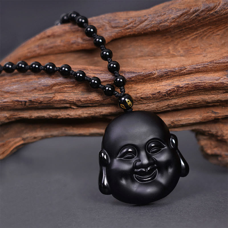 KarmaRipple's Authentic Black Obsidian Laughing Buddha Purification Pendant Necklace p1