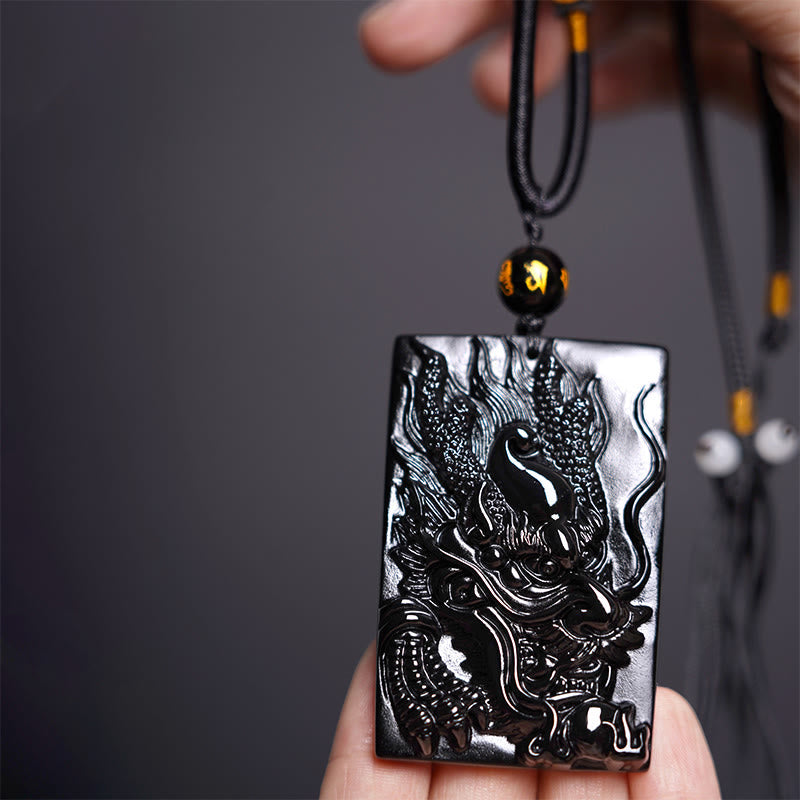 KarmaRipple's Authentic Black Obsidian Rectangular Dragon Engraved Success Pendant Necklace p18