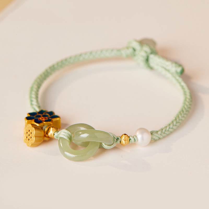 KarmaRipple's Hetian Jade Lotus Peace Buckle Woven Rope Fortune Bracelet p5