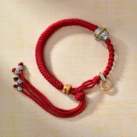 KarmaRipple's Tibetan Thangka Green Silver Tara Zakiram Goddess Of Wealth Red Braid String Fortune Bracelet