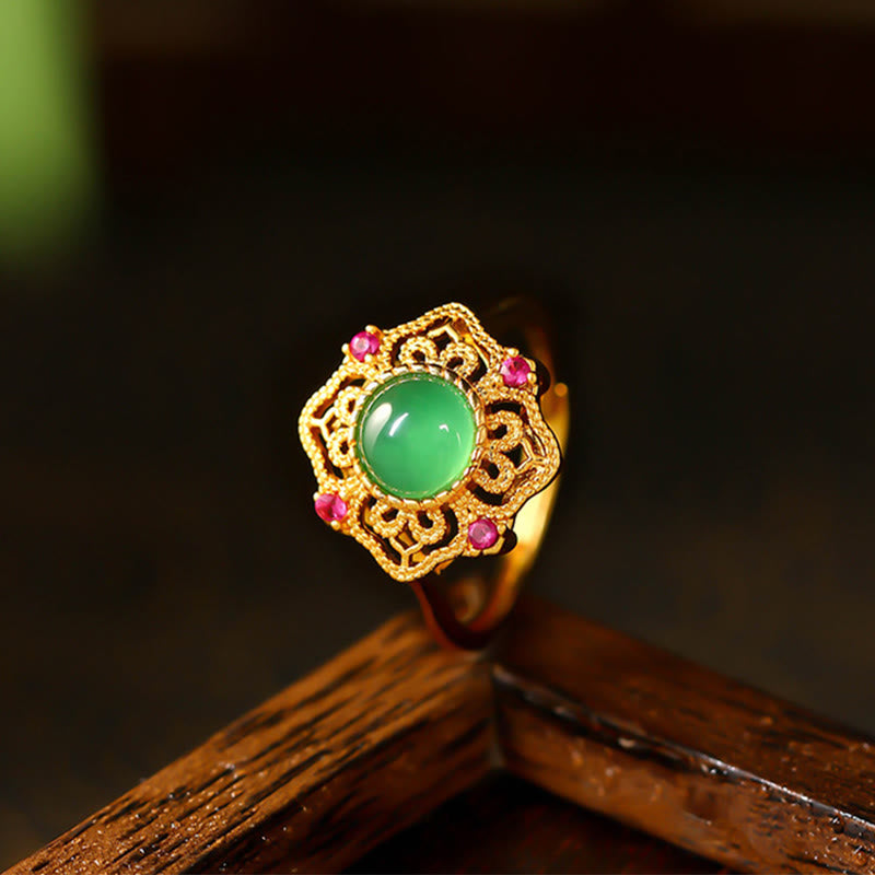 KarmaRipple's Green Chalcedony Hollow Pattern Strength Adjustable Ring p1