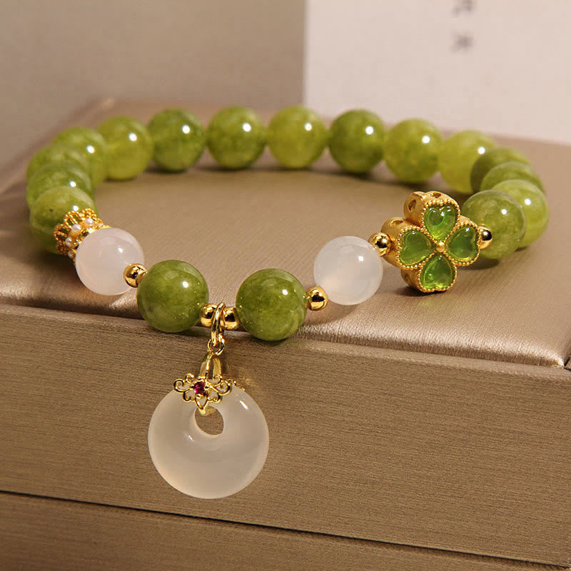 KarmaRipple's Green Tourmaline Chalcedony Four Leaf Clover Peace Buckle Talisman Wisdom Bracelet p4